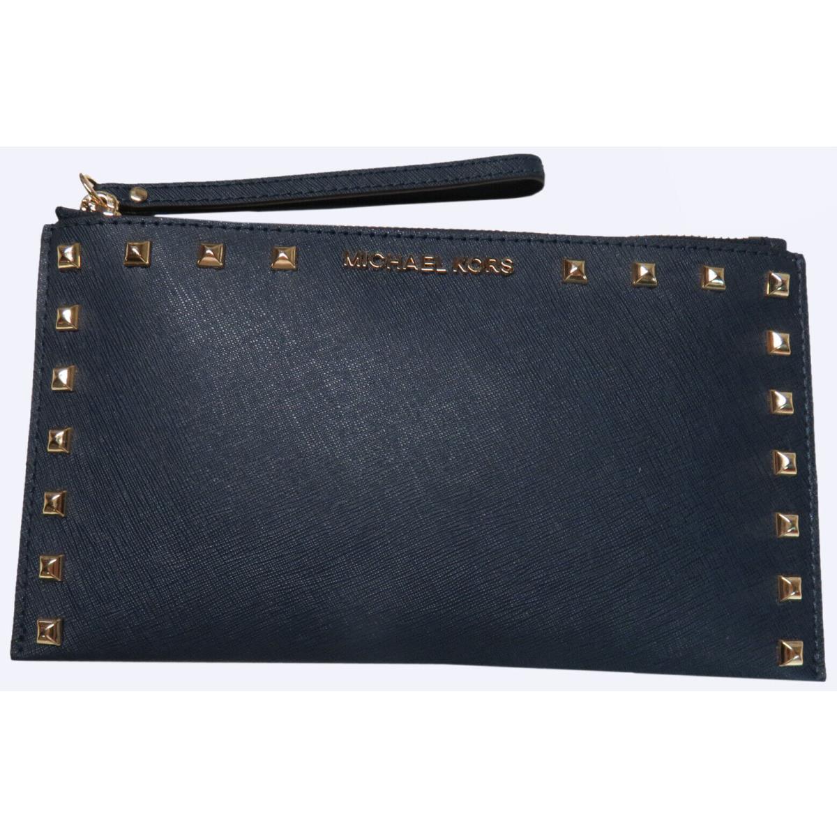 Michael Kors Womens Saffiano Leather Sandrine Stud Large Zip Clutch Navy