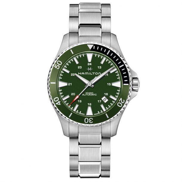 Hamilton Khaki Navy Automatic Green Dial Watch H82375161 - Dial: Green, Band: Silver, Bezel: Green
