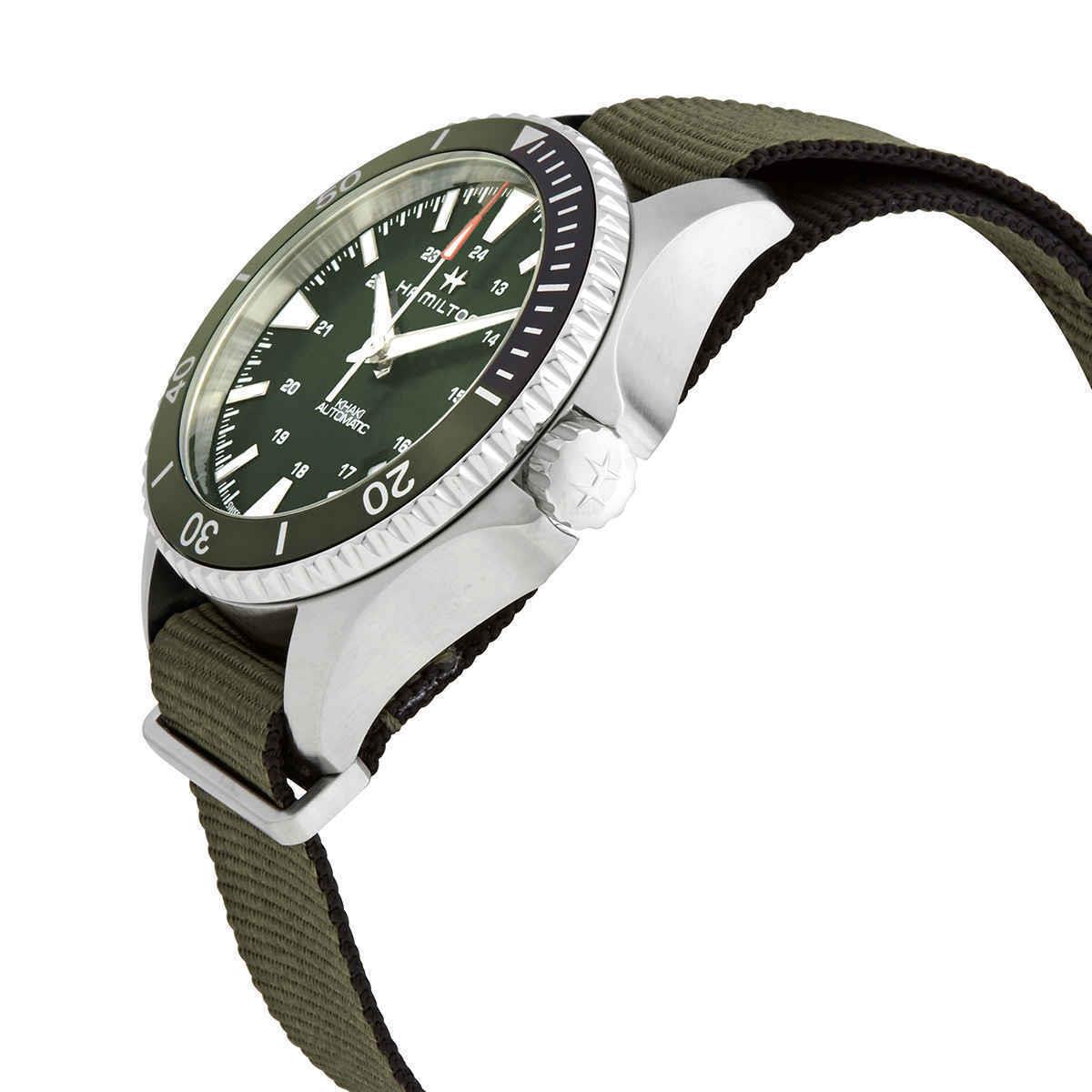 Hamilton Khaki Navy Automatic Green Dial Sprite Bezel Men`s Watch H82375961 - Dial: Green, Band: Green, Bezel: Black, Green