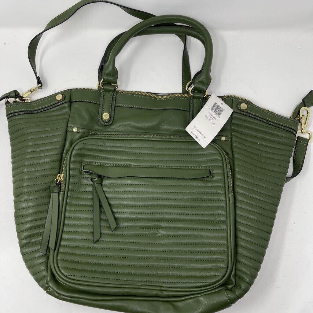 Steve Madden Womens Tote Bag Green Quilted Dual Handle Pockets Zip L