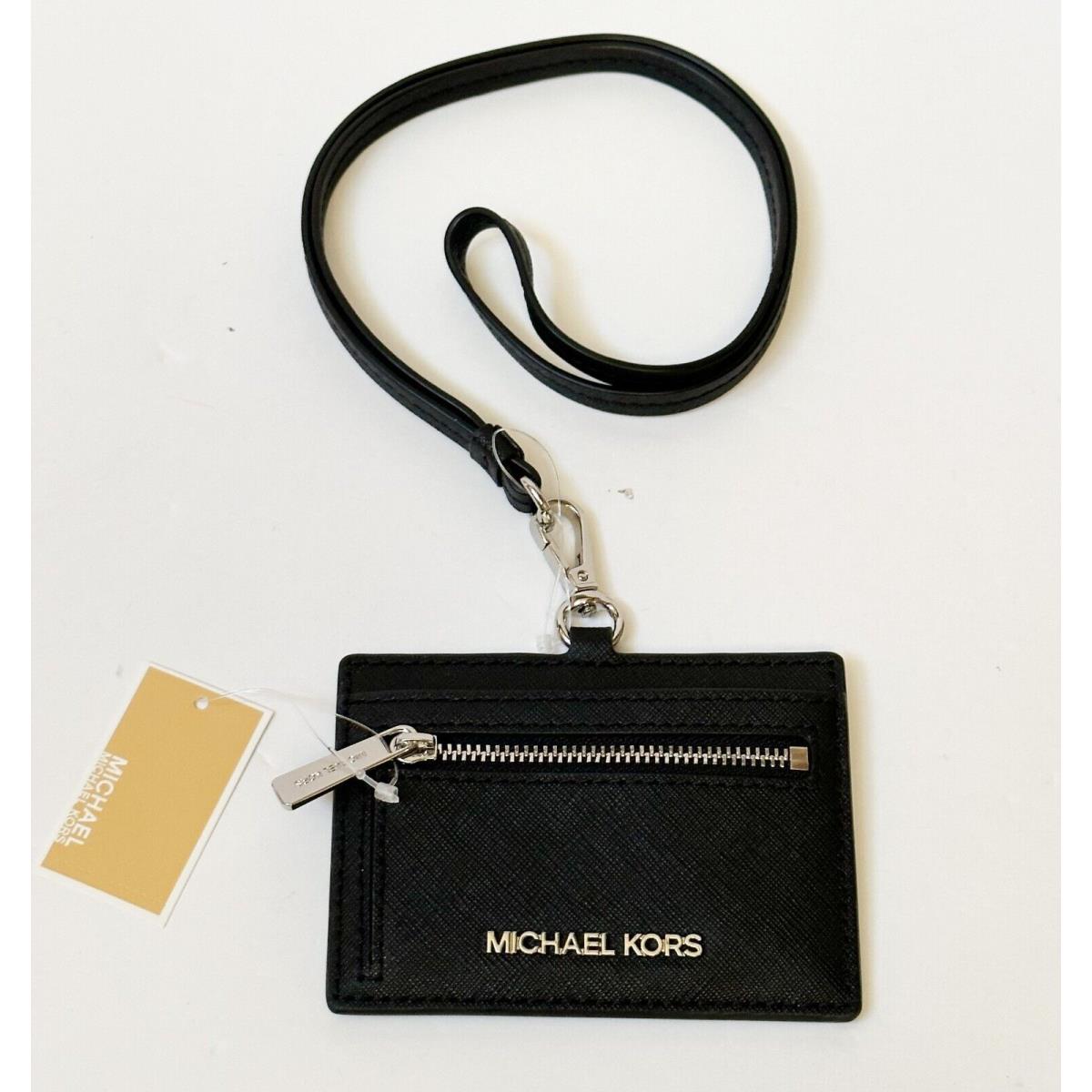 Michael Kors Jet Set Travel East West ID Card Case Wallet Lanyard Leather BLACK/SILVER TONED HARDWARE