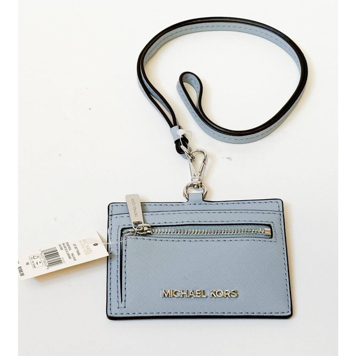 Michael Kors Jet Set Travel East West ID Card Case Wallet Lanyard Leather PALE BLUE/SILVER TONED HARDWARE