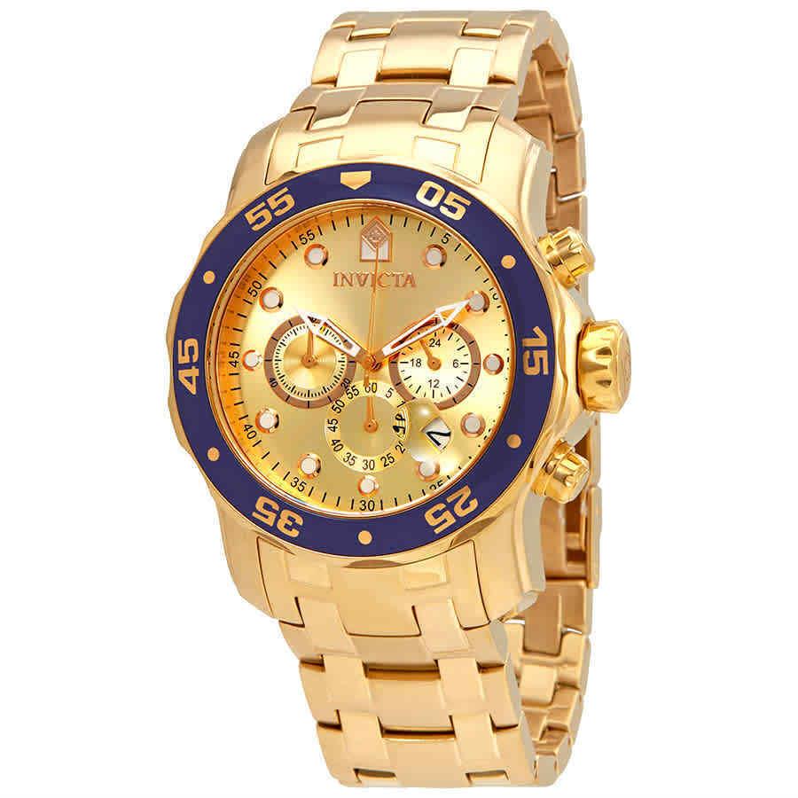 Invicta Pro Diver Chronograph Champagne Dial Men`s Watch 80068 - Dial: Yellow Gold, Band: Yellow Gold, Bezel: Gold-tone