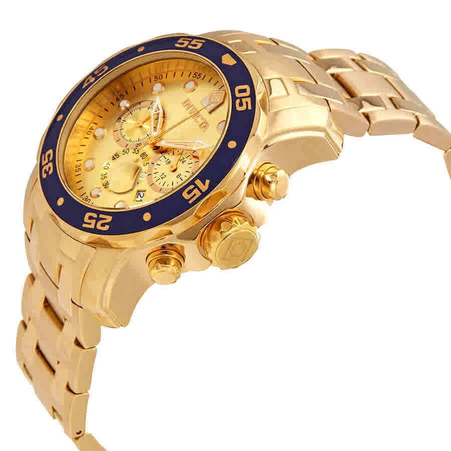 Invicta Pro Diver Chronograph Champagne Dial Men`s Watch 80068 - Dial: Yellow Gold, Band: Yellow Gold, Bezel: Gold-tone