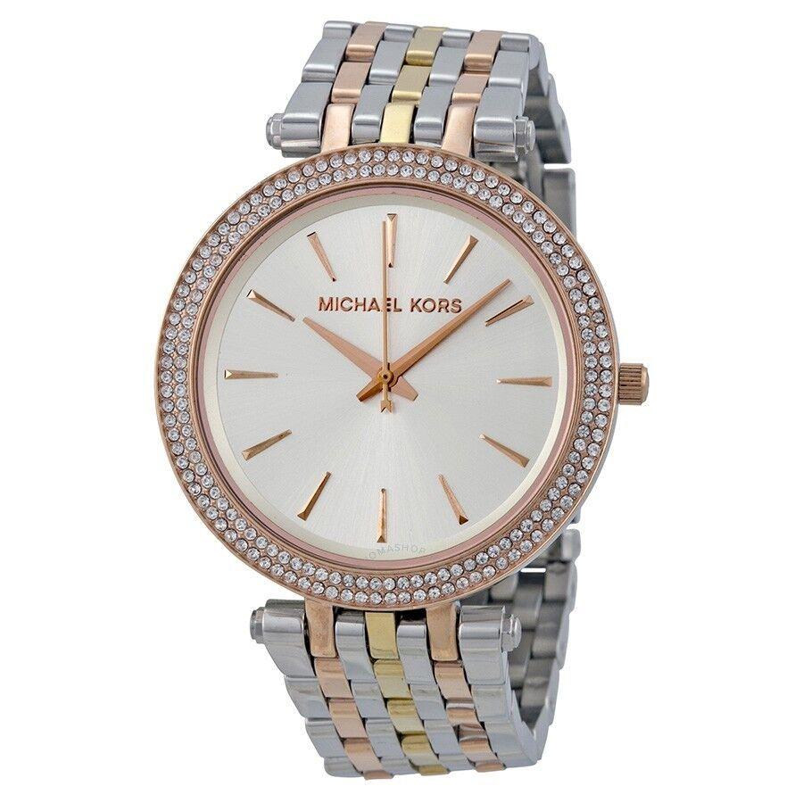 Michael Kors Darci Tri 3 Tone Silver+gold+rose Gold Pave Bracelet Watch MK3203 - Dial: Silver, Band: Silver