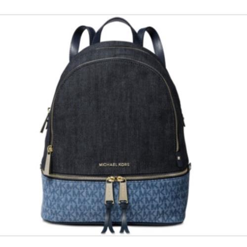 Michael Kors Rhea Signature Denim Backpack Blue Mono MK Logo Bag - Exterior: Denim Blue