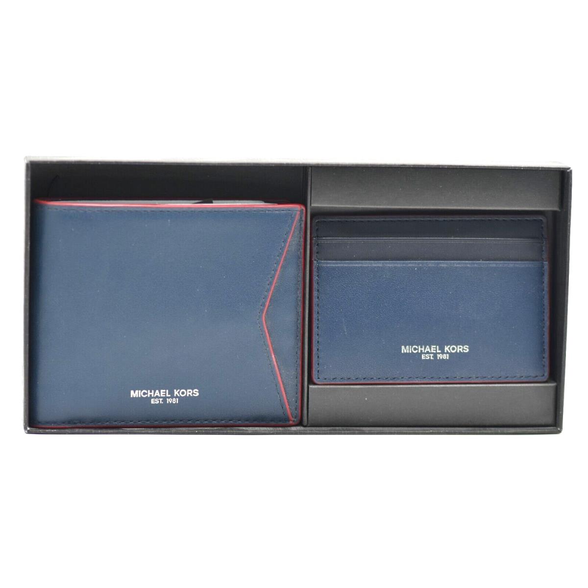 Mens Michael Kors Wallet Card Holder Box Set 36H9LG Navy Blue Red Usa MK