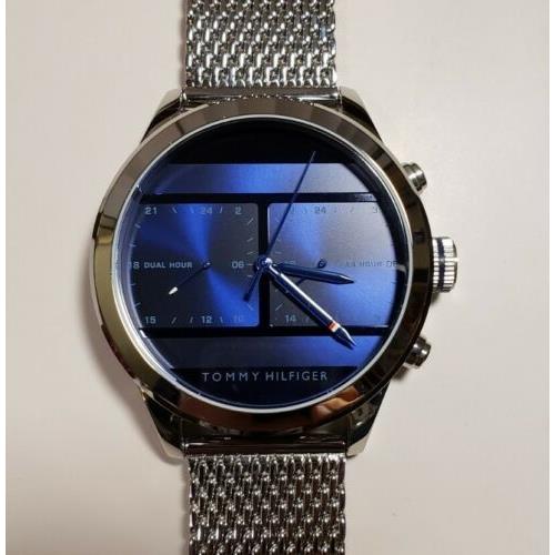 Tommy Hilfiger Icon Dualtime Watch with 44mm Navy Face Silver Meshbracelet