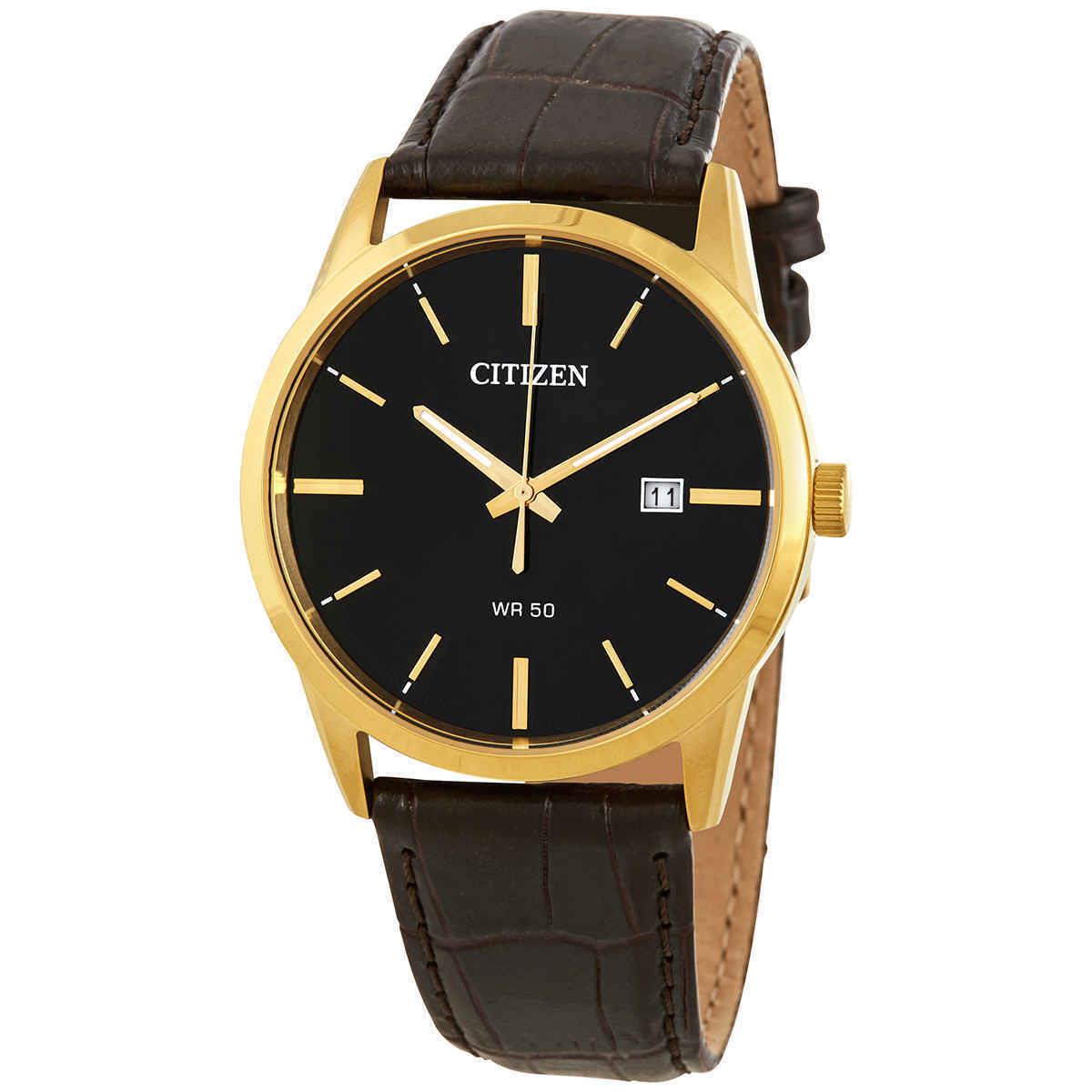 Citizen Quartz Black Dial Dark Brown Leather Men`s Watch BI5002-06E - Dial: Black, Band: Dark Brown, Bezel: Gold-tone