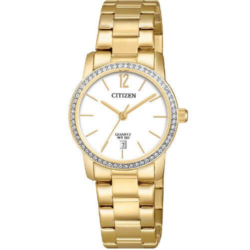 Citizen EU6032-85A Women`s Gold Tone Swarovski Bezel White Dial Date Watch