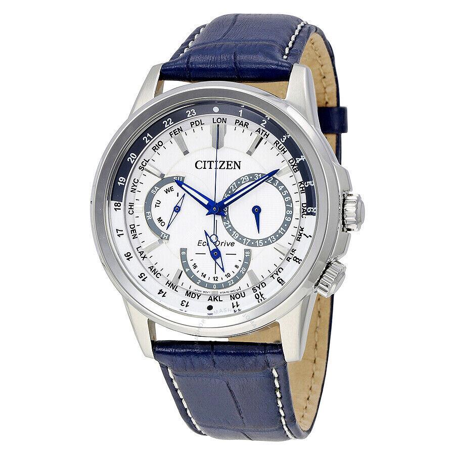 Citizen Eco Drive Man`s Calendrier World Time White Dial Watch BU2020-02A - Dial: White, Band: Blue, Bezel: Silver