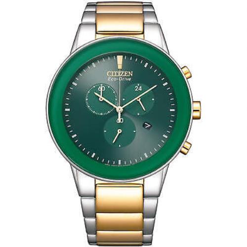Citizen Men`s Watch Eco-drive Chronograph Green Dial Two Tone Steel AT2244-84X - Dial: Green, Band: Silver, Yellow