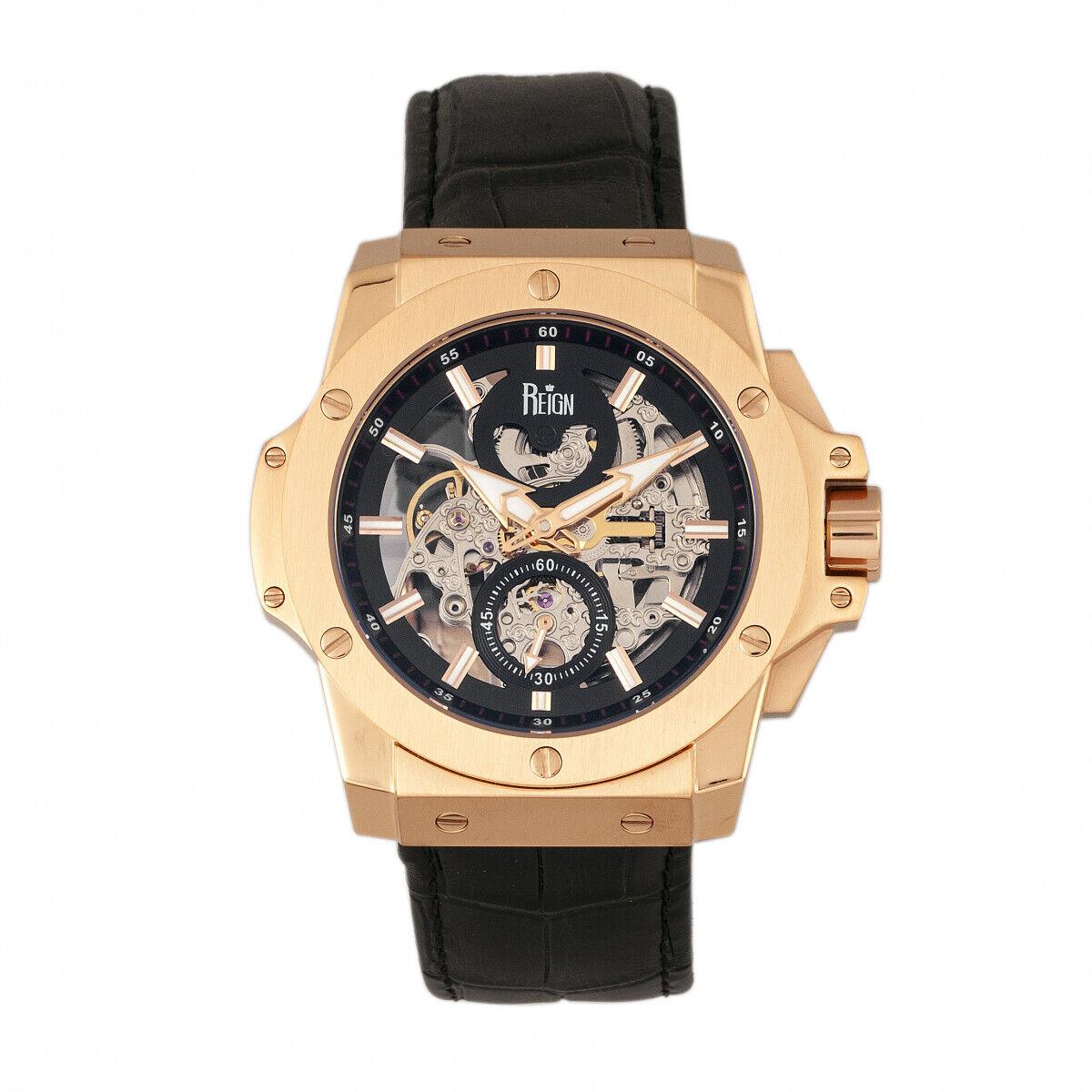 Reign Commodus Automatic Skeleton Leather-band Watch - Rose Gold/black