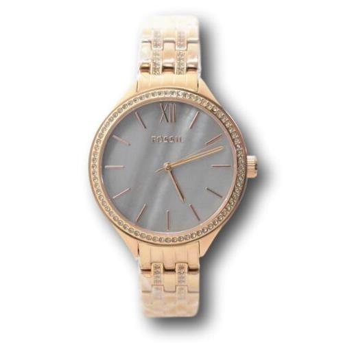 Fossil Suitor Women`s 36mm Gray Mother of Pearl Rose Gold Crystals Watch BQ3423 - Dial: Gray, Band: Pink, Bezel: Rose Gold