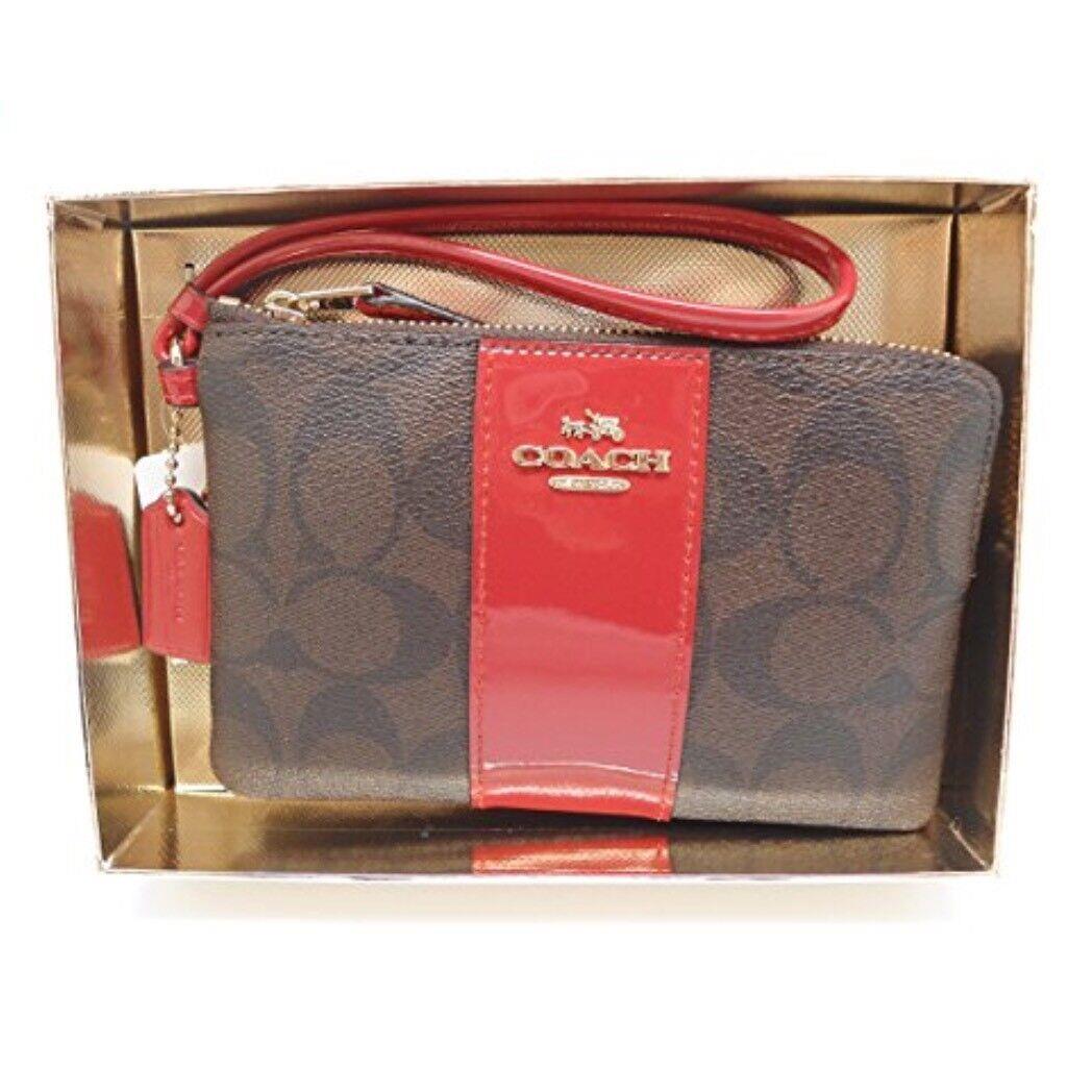 Coach Boxed Corner Zip Wristlet Signature Fabric Brown True Red F54460