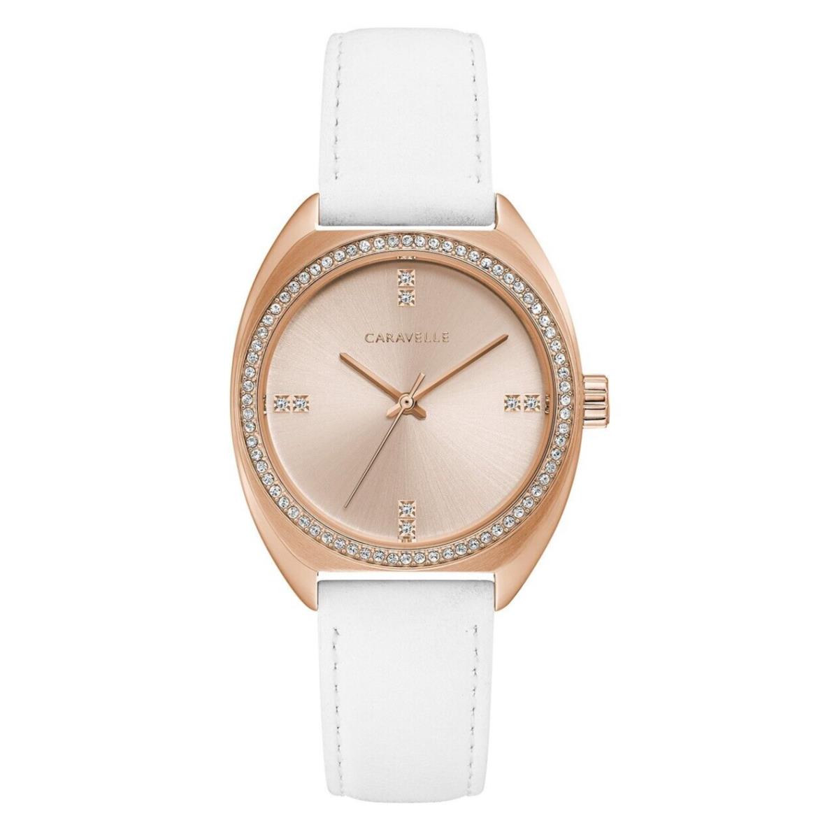Caravelle Women`s Quartz Crystal Accents Rose-gold Tone Watch 32MM 44L251 - Dial: Rose Gold, Band: White, Bezel: Rose Gold|Silver