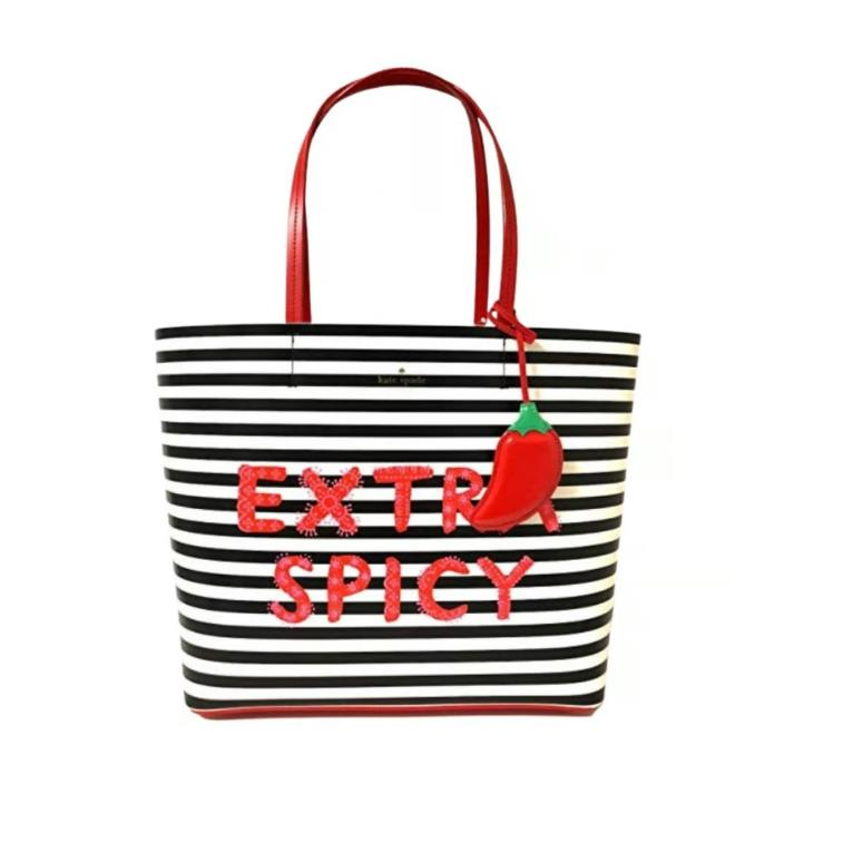 Kate Spade Little Len Spicy Chili Tote with Black and White Stripes