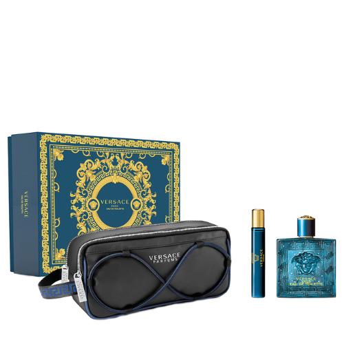 Versace Eros Men`s 3 pc Set 3.4oz Edt Spray + 0.3 oz Mini Spray + Trousse