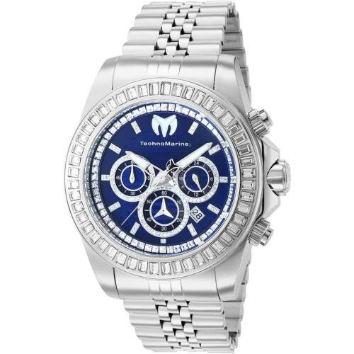 Technomarine Manta Ray Luxe Men`s 47mm Blue Dial Crystals Chrono Watch TM-221002 - Dial: Blue, White, Band: Silver, Bezel: Silver, White