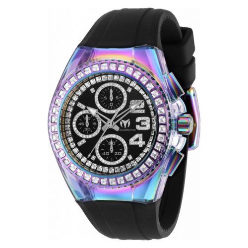 Technomarine Cruise Glitz Women`s 40mm Rainbow Crystals Chrono Watch TM-121053 - Dial: Black, Band: Black, Bezel: Blue
