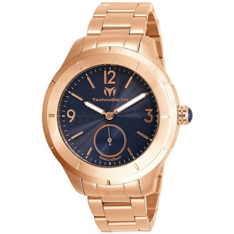 Technomarine Moonsun Men`s 42mm Rose Gold Stainless Blue Dial Watch TM-818003 - Dial: Blue, Band: Pink