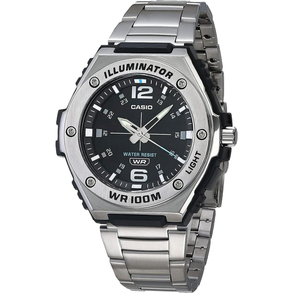 Casio MWA100HD-1A Men`s Illuminator Analog Black Dial Stainless Steel Band Watch - Dial: Black, Band: Silver, Bezel: Silver