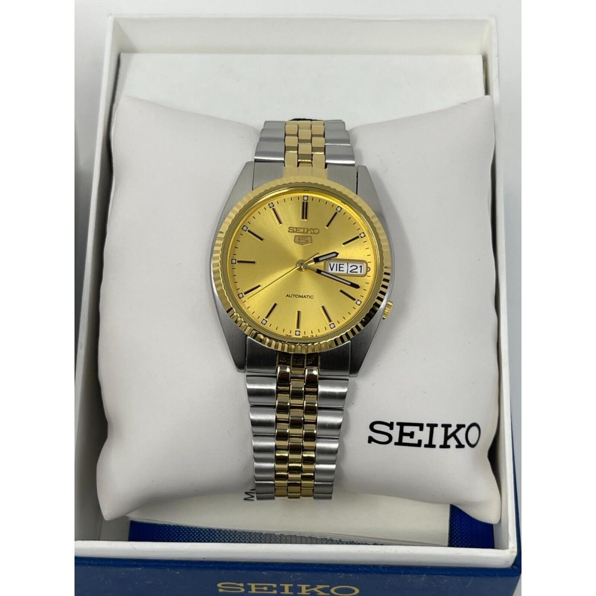 Seiko 5 SNXJ92 Mens Watch Automatic Two-ton Gold Dial Stainless-steel Wristwatch