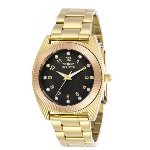 Invicta Angel 29611 Women`s 38mm Rose Gold Tone Stainless Crystals Accent Watch - Dial: Black, Band: Gold, Bezel: Rose Gold