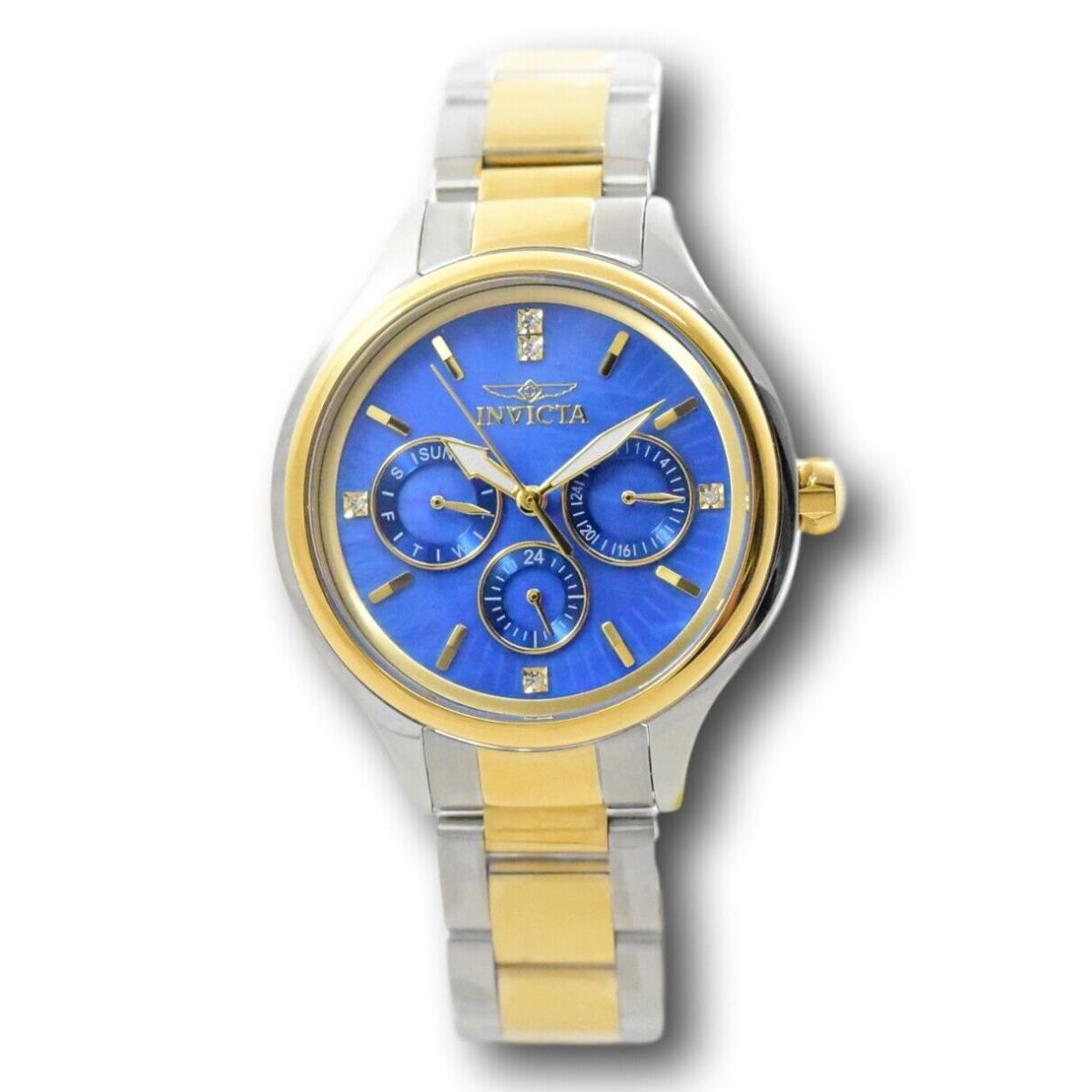 Invicta Angel Women`s 38mm Blue Mother of Pearl Dial Multi-function Watch 28738 - Dial: Blue, Gold, Multicolor, Yellow, Band: Gold, Silver, Yellow, Bezel: Gold, Yellow