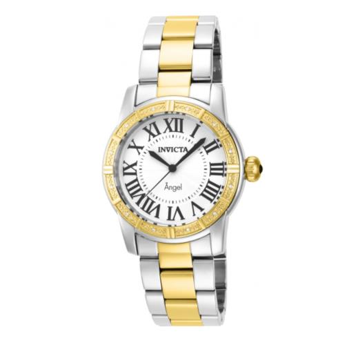 Invicta Angel Women`s 12-Diamonds Bezel 38mm Two-tone Swiss Quartz Watch 14376 - Dial: Silver, Band: Gold, Bezel: Gold