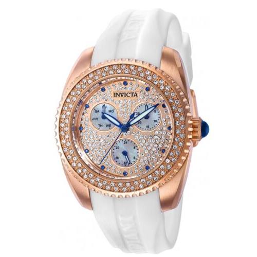 Invicta Angel Women`s 38mm Pave Crystal Dial Multifunction Rose Gold Watch 37411 - Dial: Multicolor, Band: White, Bezel: Pink