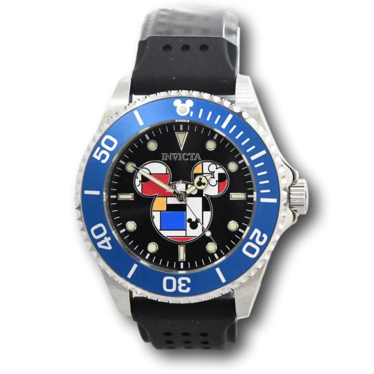 Invicta Disney Men`s 44mm Mickey Mouse Abstract Limited Edition Blue Watch 37681 - Dial: Black, Multicolor, White, Band: Black, Bezel: Blue, Silver