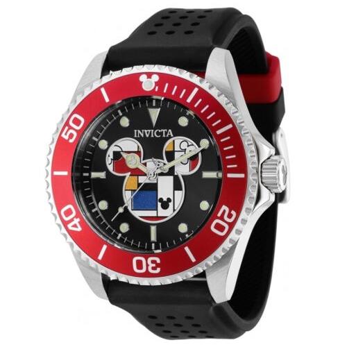 Invicta Disney Men`s 44mm Mickey Mouse Abstract Limited Edition Red Watch 37680 - Dial: Black, Multicolor, White, Band: Black, Bezel: Red, Silver