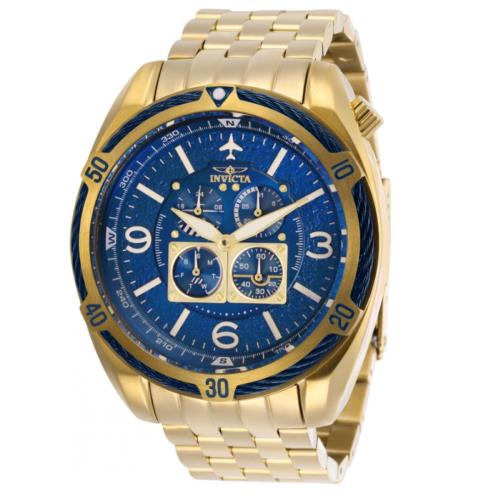 Invicta Aviator Bolt Flight Series Men`s 4 Dials 50mm Gold Stainless Watch 28089 - Dial: Blue, Band: Gold, Yellow