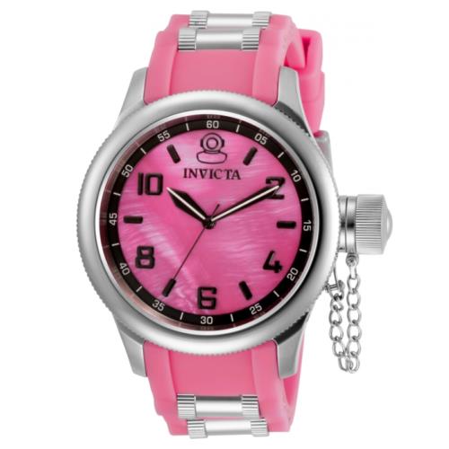 Invicta Russian Diver Women`s 43mm Pink Dial Silicone Quartz Watch 31246 Rare - Dial: Black, Band: Pink, Bezel: Silver