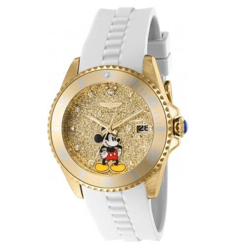 Invicta Disney Limited Edition Womens 38mm Gold Glitter Mickey Mouse Watch 41301 - Champagne Dial, White Band, Gold Bezel