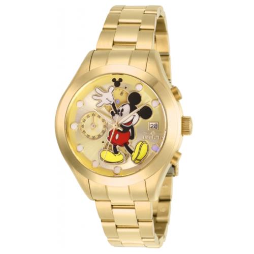 Invicta Disney Limited Edition Women`s 40mm Gold Mickey Chronograph Watch 27399 - Dial: Black, Gold, Multicolor, Red, Yellow, Band: Gold, Yellow, Bezel: Gold, Yellow