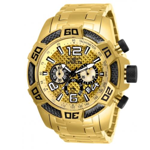 Invicta Pro Diver Scuba Men`s 50mm Yellow Carbon Fiber Chronograph Watch 25854 - Dial: Gold, Band: Gold, Bezel: Black