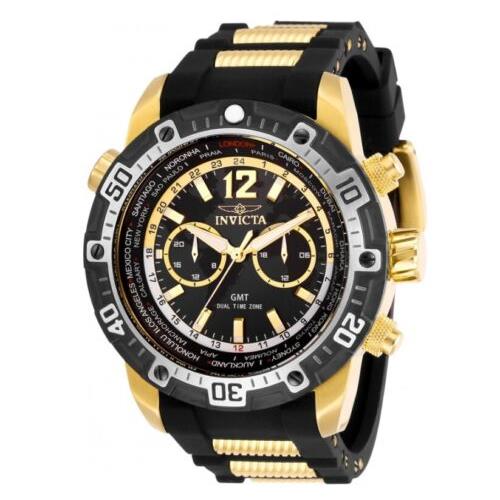 Invicta Aviator Gmt World Time 29919 Men`s 50.5mm Gold-tone Dual Time Watch - Face: Black, Dial: Black, Band: Black