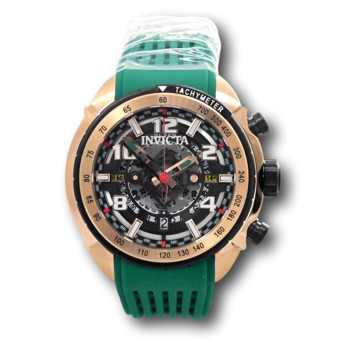 Invicta S1 Rally Men`s 48mm Anatomic Skeleton Dial Rose Chronograph Watch 36366 - Dial: Black, Multicolor, Silver, Band: Green, Bezel: Black, Rose Gold