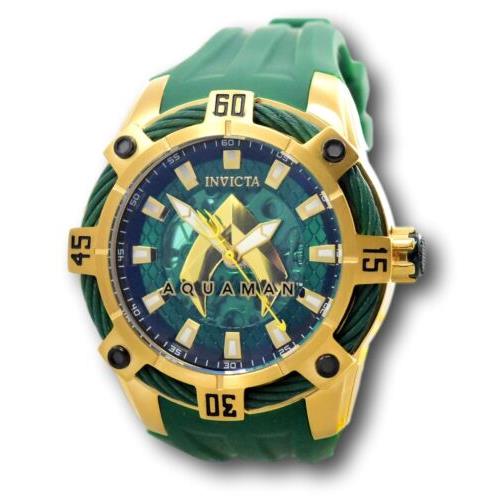 Invicta DC Comics Automatic Men`s 51mm Aquaman Limited Edition Watch 37837 - Dial: Gold, Band: Green, Bezel: Gold