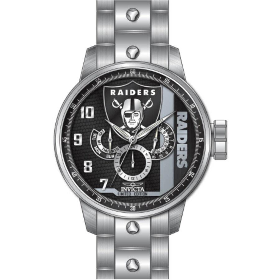 Invicta Nfl Las Vegas Raiders Gmt Quartz Men`s Watch 45126 - Dial: Grey and Black, Band: Silver-tone, Bezel: Silver-tone