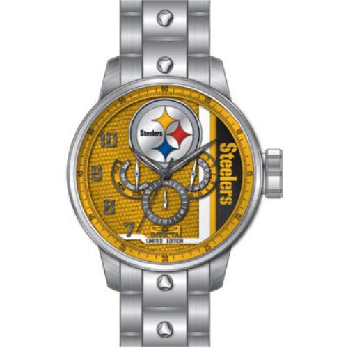 Invicta Nfl Pittsburgh Steelers Gmt Quartz Men`s Watch 45125 - Dial: Yellow and Red and Silver and White and Blue and B, Band: Silver-tone, Bezel: Silver-tone
