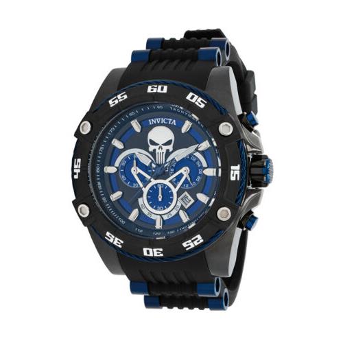 Invicta Marvel Punisher Men`s 52mm Black Blue Limited Ed Chrono Watch 35366 Rare