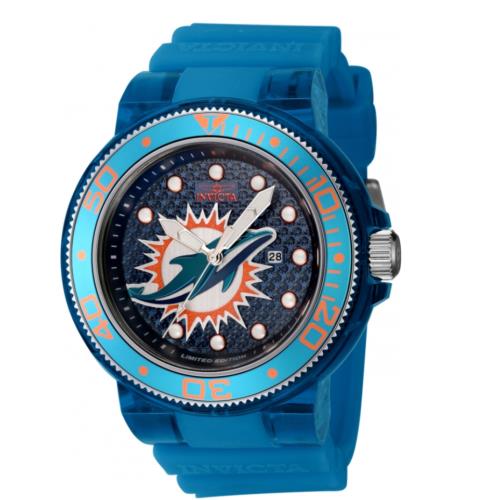 Invicta Nfl Miami Dolphins Men`s 52mm Pro Diver Limited Silicone Watch 41453 - Dial: Blue, Band: Blue, Bezel: Green