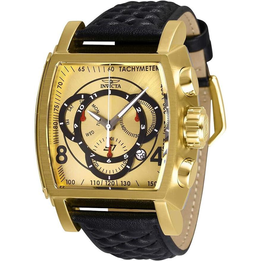 Invicta S1 Rally 48mm Quartz Chronograph Leather Strap Watch - Dial: Gold, Band: Black