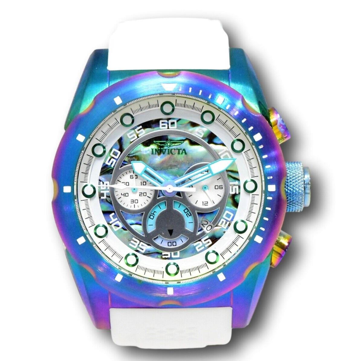 Invicta Speedway Rainbow Iridescent Men`s 50mm Abalone Dial Chrono Watch 41561 - Dial: Blue Green Multicolor Silver White, Band: White, Bezel: Blue Green Multicolor Purple White