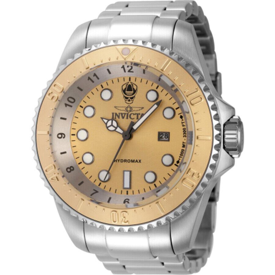 Invicta Hydromax Quartz Gold Dial Men`s Watch 44746 - Dial: Gold-tone, Band: Silver-tone, Bezel: Silver-tone and Gold