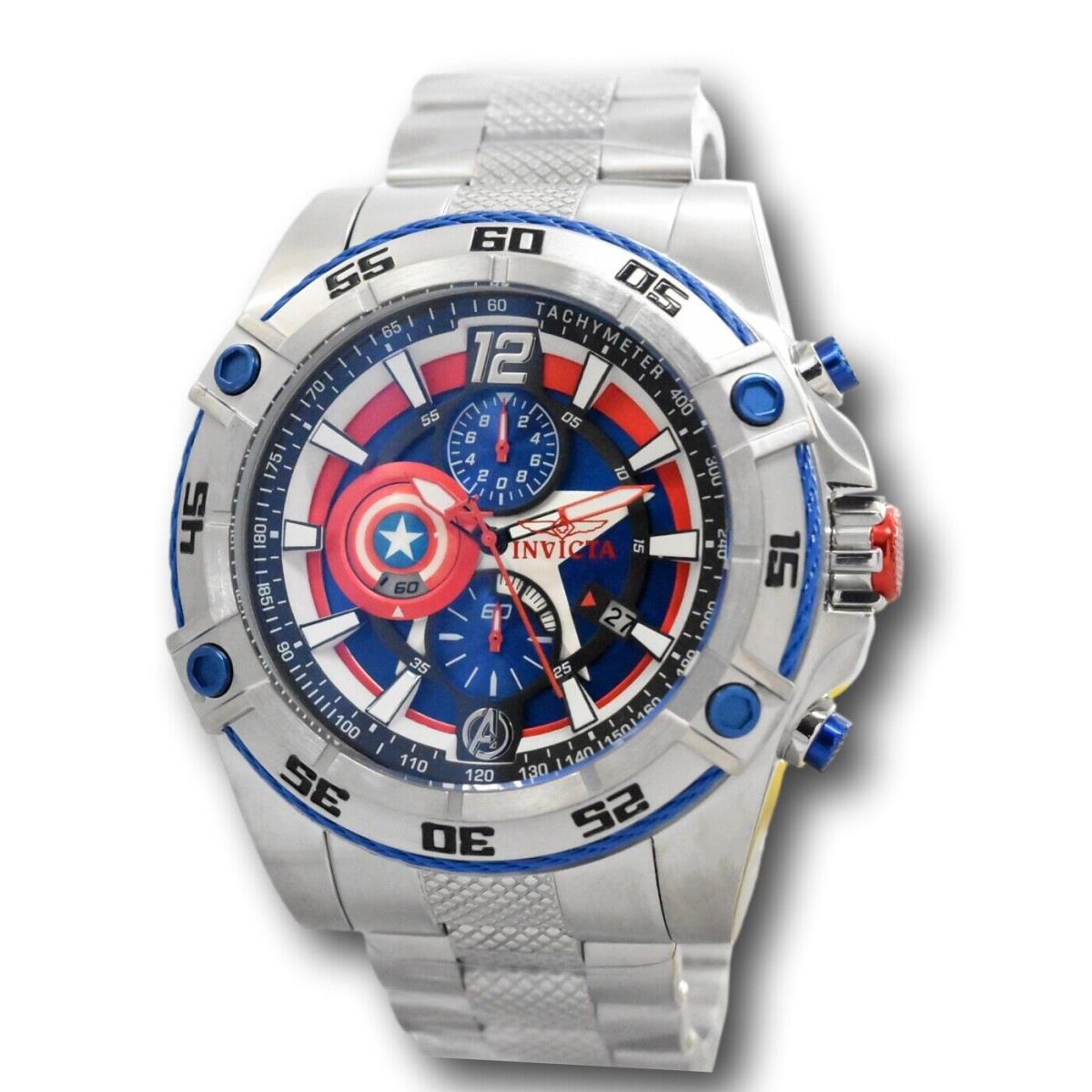 Invicta Marvel Captain America Mens 52mm Limited Edition Chronograph Watch 32501 - Dial: Blue, Multicolor, Red, White, Band: Silver, Bezel: Silver