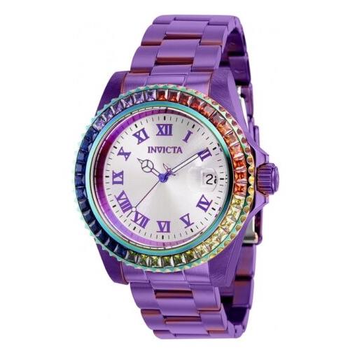 Invicta Angel Women`s 40mm Exclusive Rainbow Cubic Zirconia Swiss Watch 40232 - Dial: Silver, Band: Purple, Bezel: Multicolor, Purple